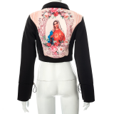 Rose Red Sexy Print Patchwork Turndown Collar Outerwear