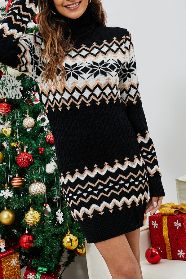 Black Casual Print Patchwork Turtleneck Pencil Skirt Dresses