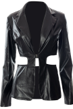 Black Sexy Solid Hollowed Out Turndown Collar Outerwear