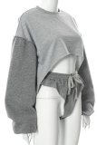 Grey Sexy Solid Patchwork O Neck Long Sleeve Two Pieces