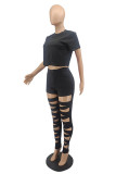 Black Fashion Casual Solid Hollowed Out O Neck Short Sleeve Two Pieces
