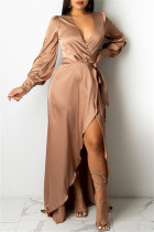 Deep Pink Sexy Casual Solid Bandage V Neck Long Sleeve Dresses