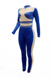 Blue Fashion Sexy Patchwork Hot Drilling See-through Turtleneck Regular Jumpsuits