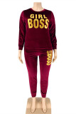 Burgundy Fashion Casual Letter Print Basic O Neck Plus Size Two Pieces