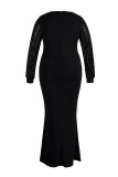 Black Elegant Solid Split Joint Sequins O Neck Long Sleeve Plus Size Dresses