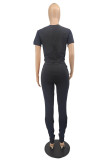 Black Fashion Casual Solid Hollowed Out O Neck Short Sleeve Two Pieces