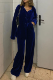 Blue Casual Solid Patchwork Turndown Collar Long Sleeve Two Pieces