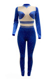 Blue Fashion Sexy Patchwork Hot Drilling See-through Turtleneck Regular Jumpsuits