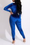 Blue Fashion Sexy Patchwork Hot Drilling See-through Turtleneck Regular Jumpsuits