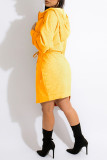 Yellow Fashion Casual Solid Bandage Hooded Collar Long Sleeve Dresses