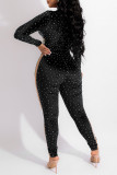 Blue Fashion Sexy Patchwork Hot Drilling See-through Turtleneck Regular Jumpsuits