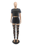 Black Fashion Casual Solid Hollowed Out O Neck Short Sleeve Two Pieces