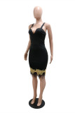 White Fashion Sexy Patchwork Sequins Feathers Backless V Neck Sling Dress