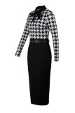 Black White Fashion Casual Print Patchwork With Belt Turndown Collar Long Sleeve Dresses