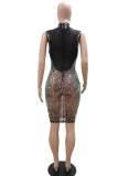 Black Sexy Sequins Split Joint See-through Half A Turtleneck One Step Skirt Dresses