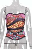 Pink Fashion Sexy Print Patchwork Backless Strapless Tops