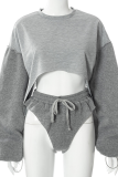 Grey Sexy Solid Patchwork O Neck Long Sleeve Two Pieces