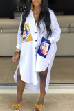 White Casual Street Print Patchwork Buckle Asymmetrical Turndown Collar Shirt Dress Dresses