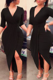 Black Sexy Solid Patchwork Fold Asymmetrical V Neck Irregular Dress Dresses