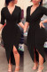 Black Sexy Solid Patchwork Fold Asymmetrical V Neck Irregular Dress Dresses