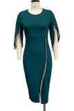 Green Elegant Solid Tassel Split Joint Asymmetrical O Neck Dresses