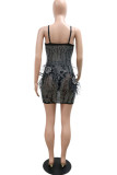 Black Sexy Solid Split Joint Feathers Beading Hot Drill Spaghetti Strap One Step Skirt Dresses