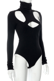 Black Sexy Solid Hollowed Out Make Old Patchwork Turtleneck Skinny Bodysuits
