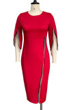 Red Elegant Solid Tassel Split Joint Asymmetrical O Neck Dresses