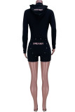 Black Sexy Embroidered Patchwork Buckle Hooded Collar Regular Jumpsuits