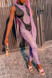 Pink Street Print Patchwork Half A Turtleneck Regular Jumpsuits