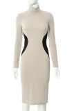 Grey Sexy Solid Patchwork Turtleneck Pencil Skirt Dresses