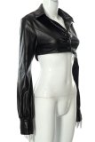 Black Solid Patchwork Turndown Collar Tops