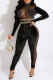 Black Fashion Sexy Patchwork Hot Drilling See-through Turtleneck Regular Jumpsuits