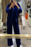 Blue Casual Solid Patchwork Turndown Collar Long Sleeve Two Pieces