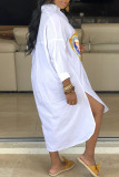 White Casual Street Print Patchwork Buckle Asymmetrical Turndown Collar Shirt Dress Dresses