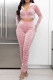 Pink Fashion Casual Solid Fold Zipper Collar Long Sleeve Two Pieces