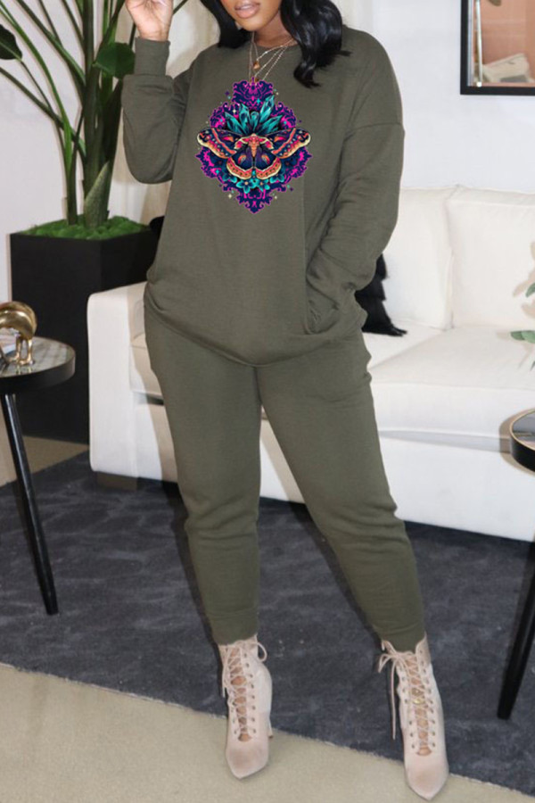 Ink Green Fashion Casual Print Basic O Neck Long Sleeve Two Pieces