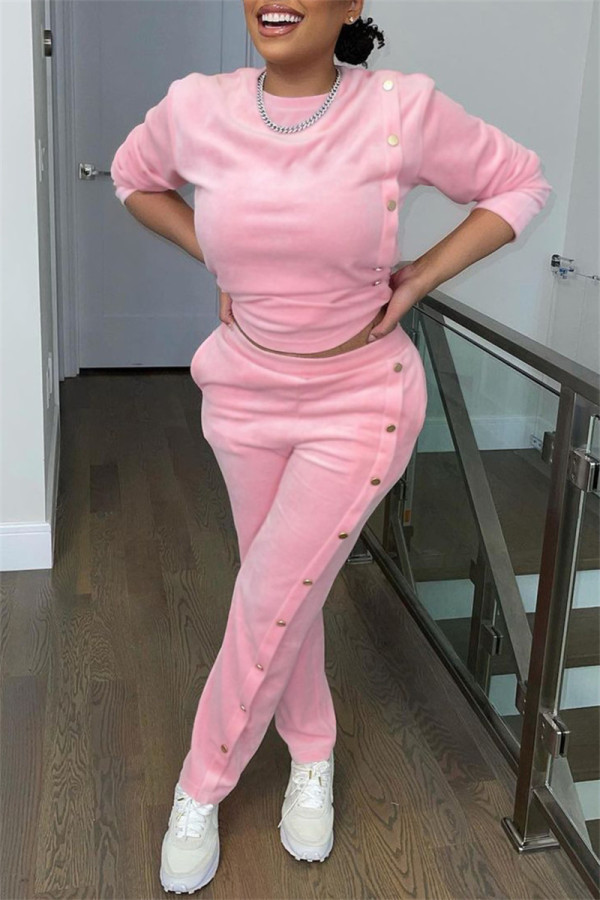 Pink Fashion Casual Solid Patchwork O Neck Long Sleeve Two Pieces