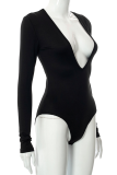Grey Sexy Solid Patchwork V Neck Skinny Bodysuits