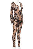 Brown Sexy Print Patchwork V Neck Skinny Jumpsuits