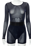 Black Sexy Solid Mesh O Neck Long Sleeve Two Pieces