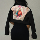 Rose Red Sexy Print Patchwork Turndown Collar Outerwear
