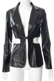 Black Sexy Solid Hollowed Out Turndown Collar Outerwear