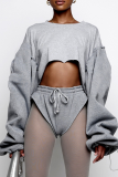 Grey Sexy Solid Patchwork O Neck Long Sleeve Two Pieces