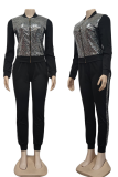 Silver Street Patchwork Sequins Zipper Collar Long Sleeve Two Pieces