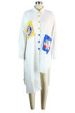 White Casual Street Print Patchwork Buckle Asymmetrical Turndown Collar Shirt Dress Dresses