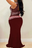 Burgundy Sexy Plus Size Hot Drilling Split Joint See-through Turtleneck Evening Dress