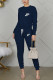 Navy Blue Casual Letter Embroidery Basic O Neck Long Sleeve Two Pieces