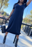 Blue Casual Solid Patchwork V Neck Straight Dresses