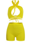 Yellow Sexy Solid Hollowed Out Patchwork Frenulum Halter Sleeveless Two Pieces